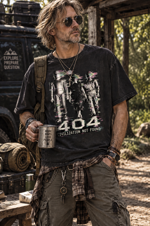 Male model wearing the 404 Civilization Not Found hand-frayed luxury tee in washed black