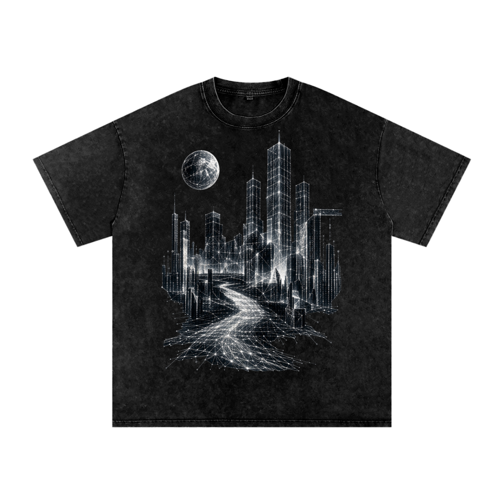 Cities of Pattern luxury oversized washed cotton T-shirt from the When Machines Dream collection by GlitchMeme