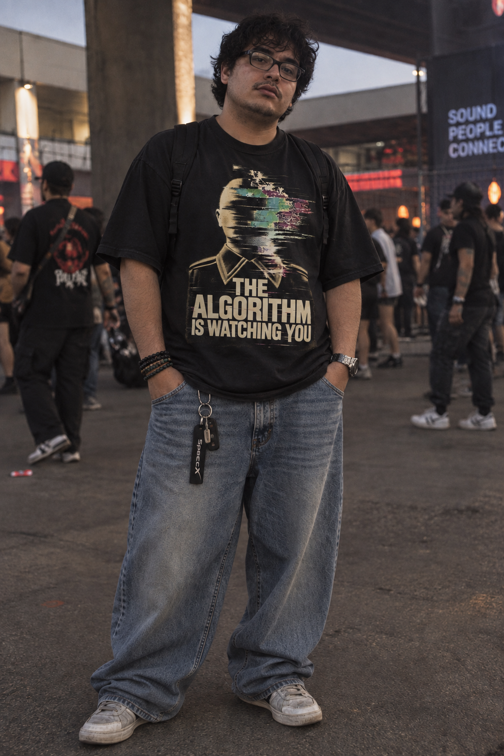 Male model wearing The Algorithm Is Watching You hand-frayed luxury tee in washed black