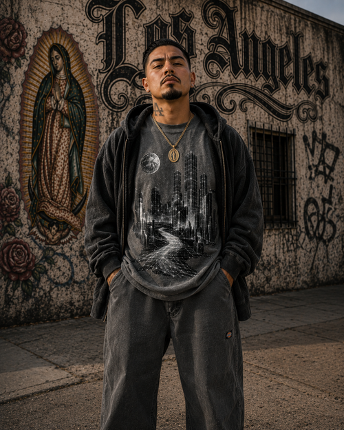 Cities of Pattern luxury charcoal washed cotton streetwear tee modeled in Los Angeles