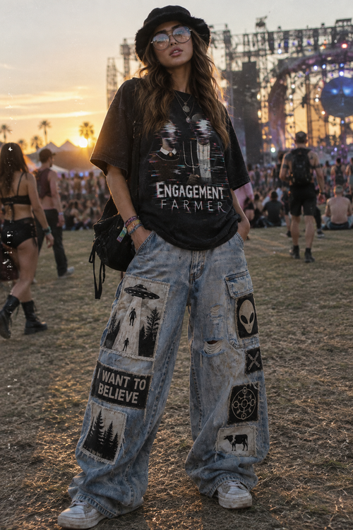 Female model wearing the Engagement Farmer hand-frayed luxury tee in washed black
