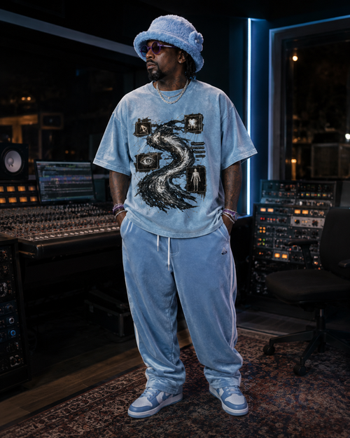 Fragments Become Whole luxury washed cotton streetwear tee modeled in a recording studio