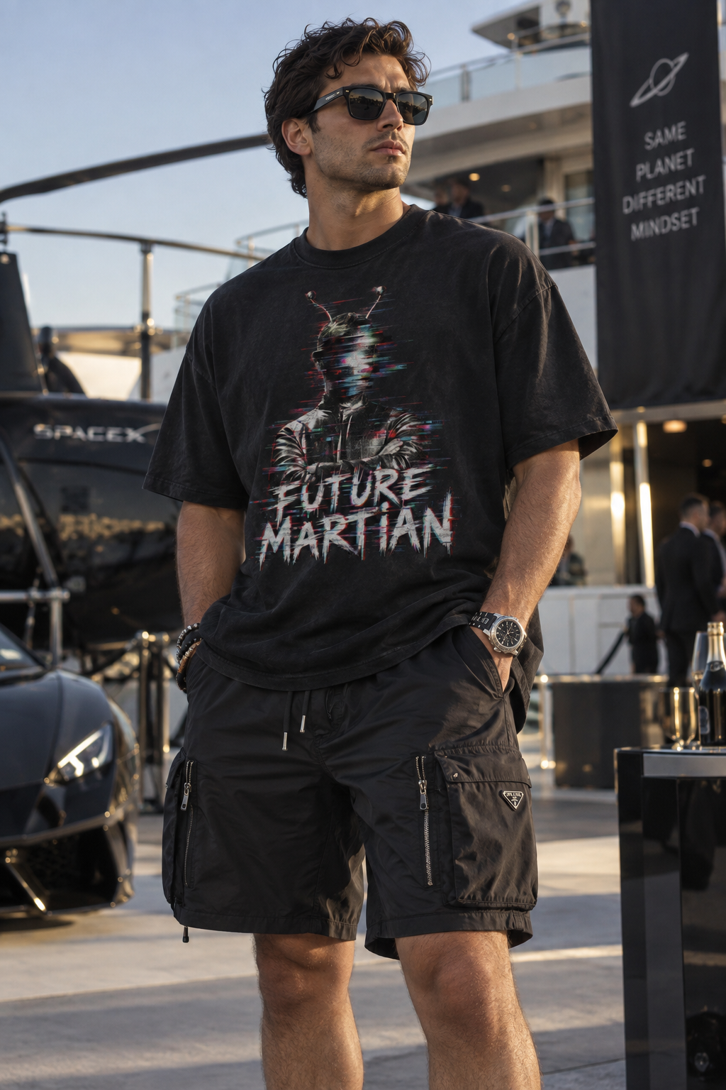Male model wearing the Future Martian hand-frayed luxury tee in washed black