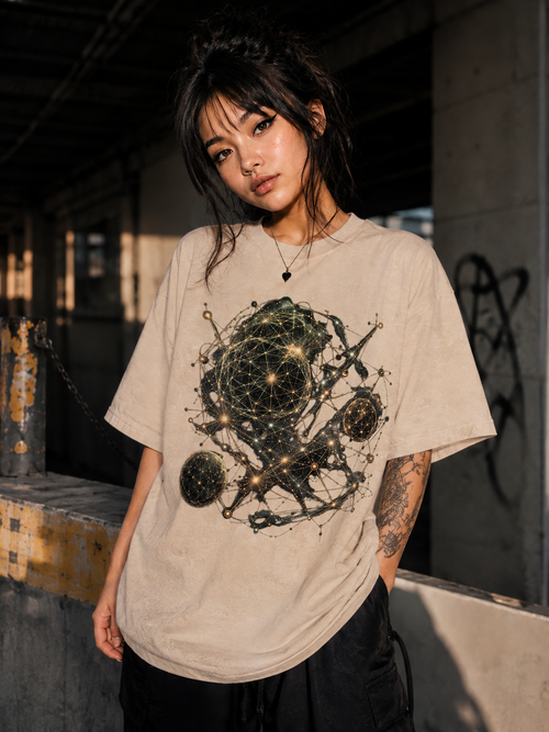 Geometry of Space luxury cream washed cotton streetwear tee modeled in an industrial setting