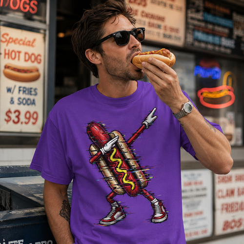 Model wearing a purple GlitchDog luxury graphic tee with a glitch hot dog design