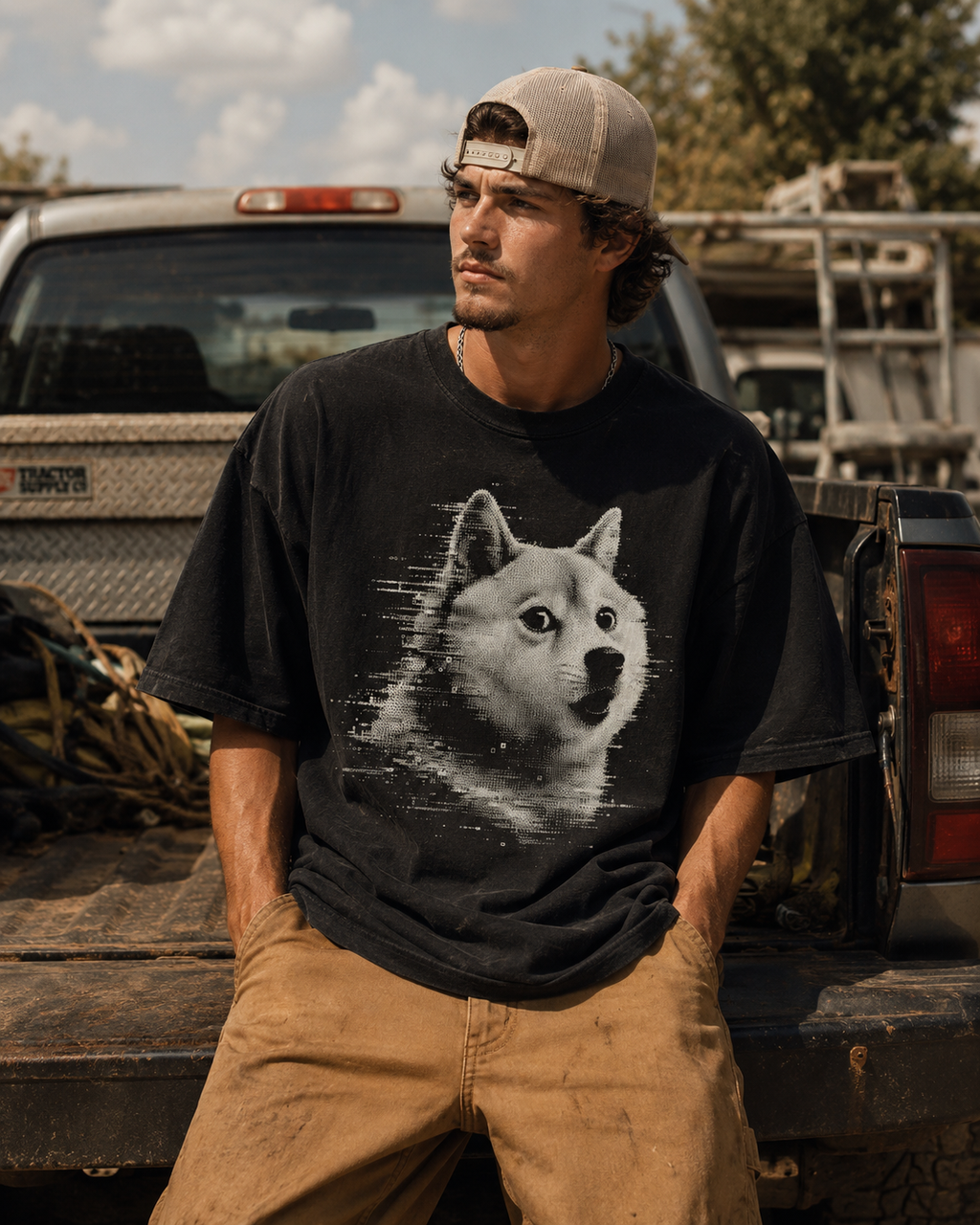 Model wearing a Dark Grey GlitchInu graphic T-shirt beside a work truck