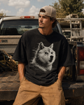 Model wearing a Dark Grey GlitchInu graphic T-shirt beside a work truck