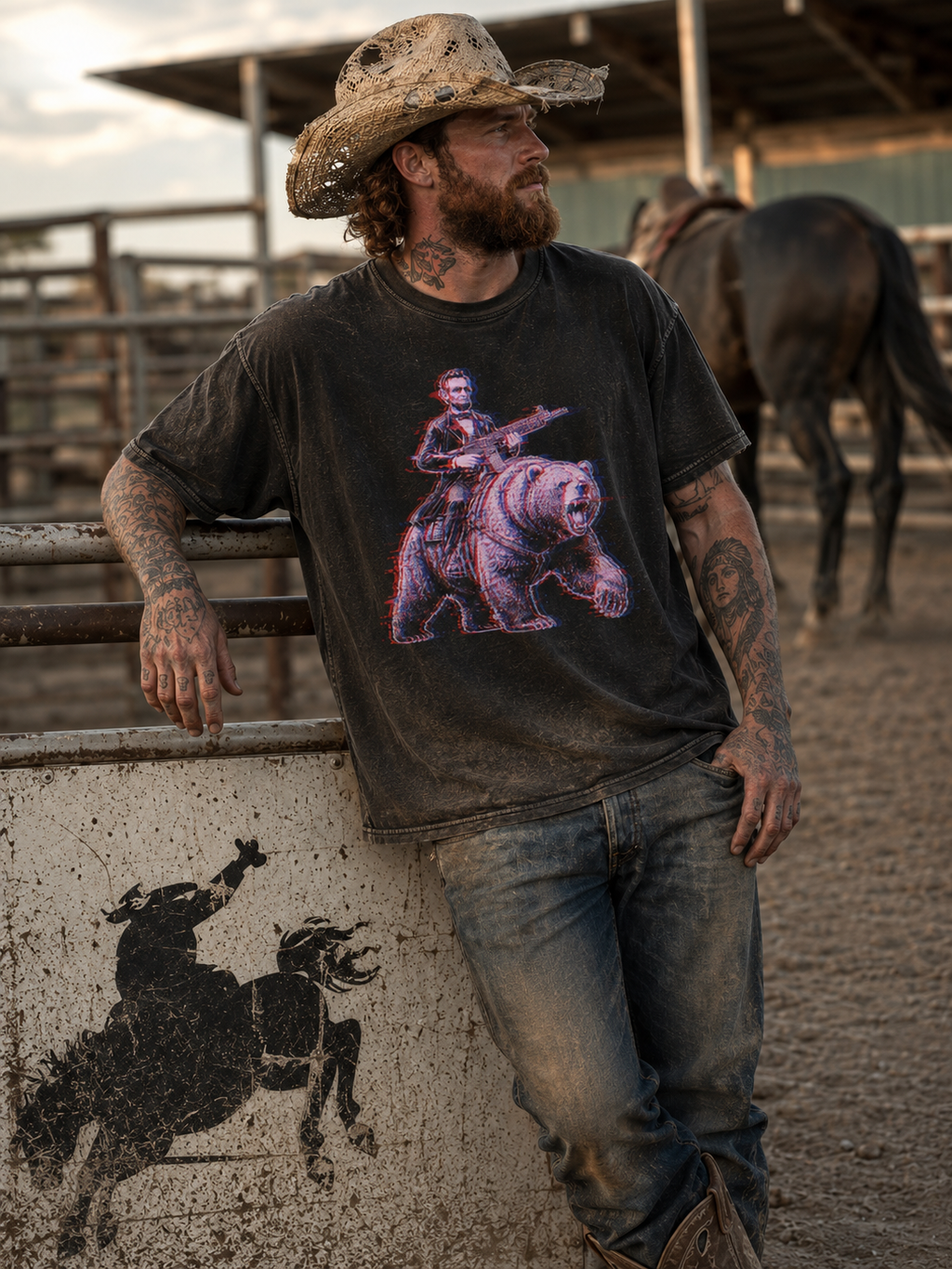 Cowboy wearing the black GlitchMurica luxury tee with an Abraham Lincoln and grizzly bear glitch graphic