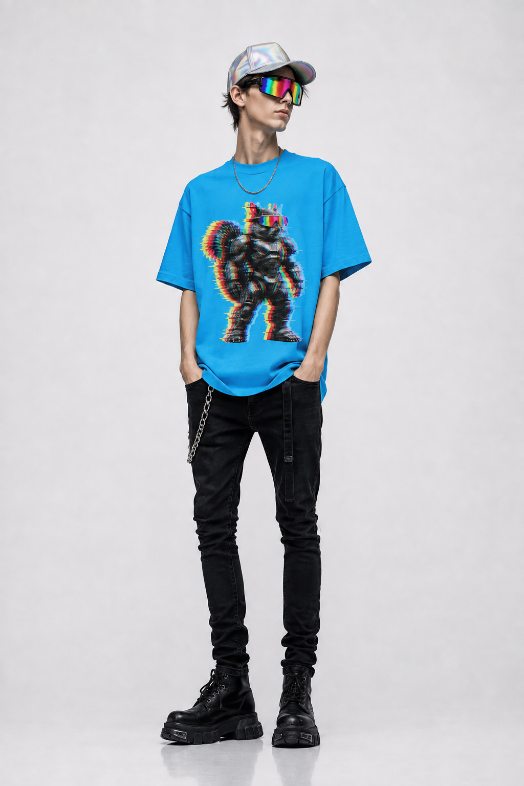 Model wearing a bright blue GlitchNuts luxury graphic T-shirt featuring a chromatic armored squirrel design