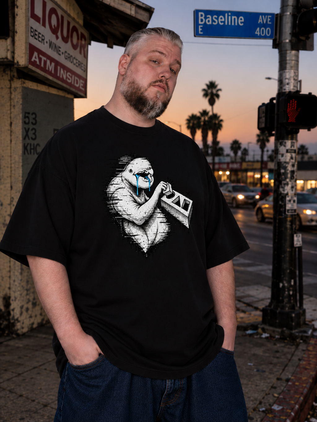 Bruce modeling the black GlitchTard luxury retard meme shirt at sunset on Baseline Avenue