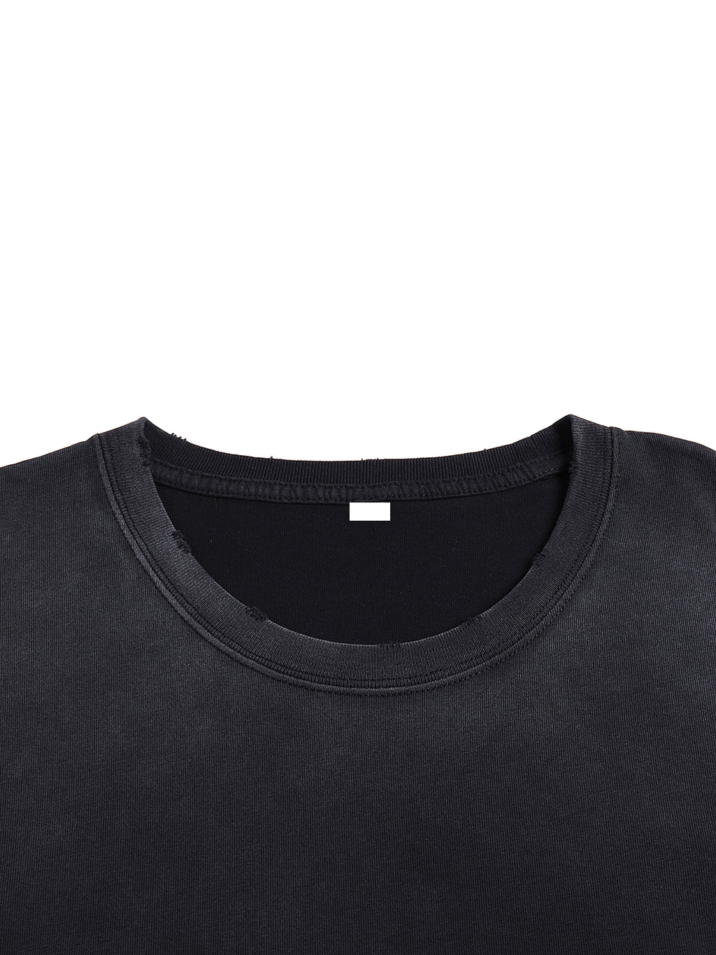 Life Is But a Meme luxury tee detail showing the washed cotton collar and hand-frayed neckline