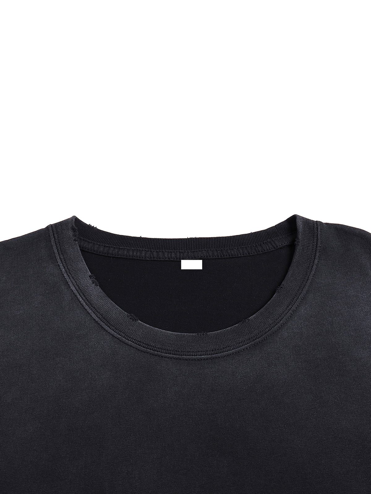 Life Is But a Meme luxury tee detail showing the washed cotton collar and hand-frayed neckline