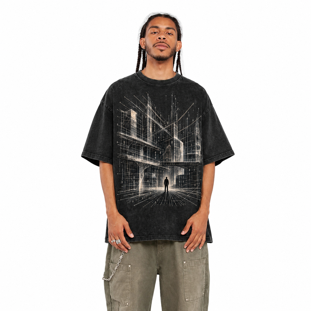 Infinite Scaffolding luxury black washed cotton streetwear tee modeled in studio
