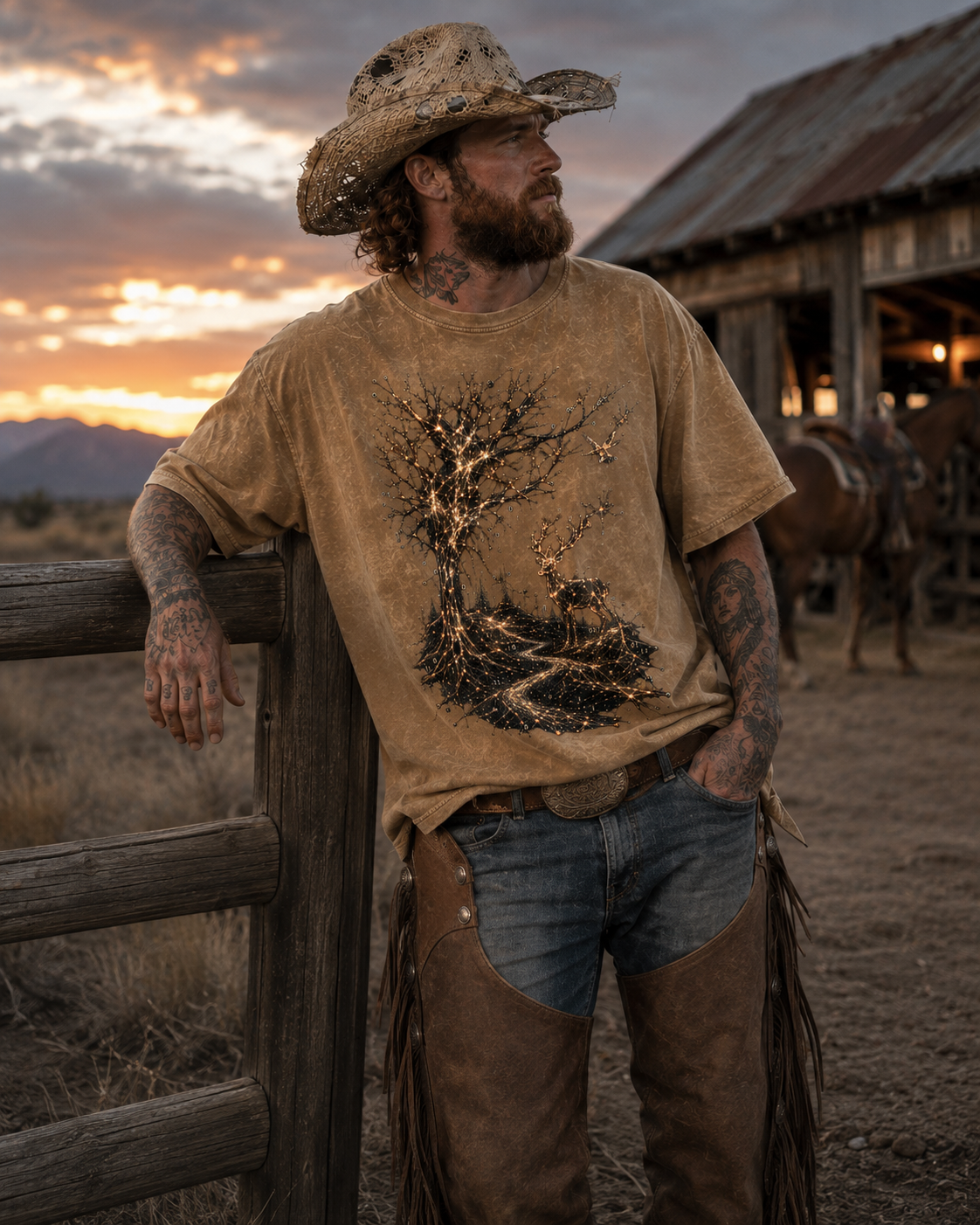 Life Is a System luxury tan washed cotton streetwear tee modeled on a ranch