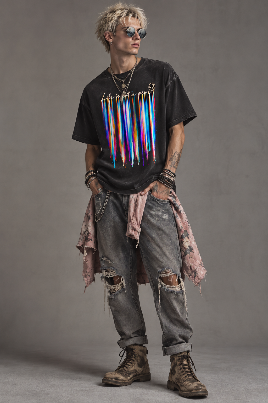 Male model wearing the Life Is But a Meme hand-distressed luxury tee in washed black