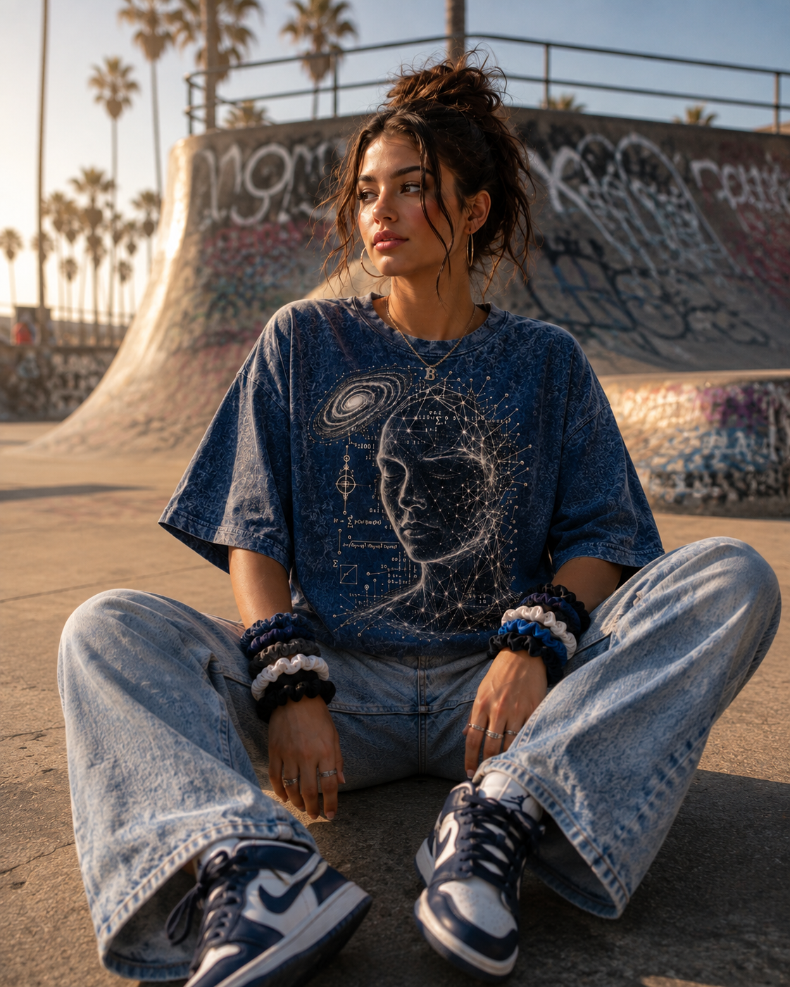 Minds as Mirrors luxury blue washed cotton streetwear tee modeled at a skatepark