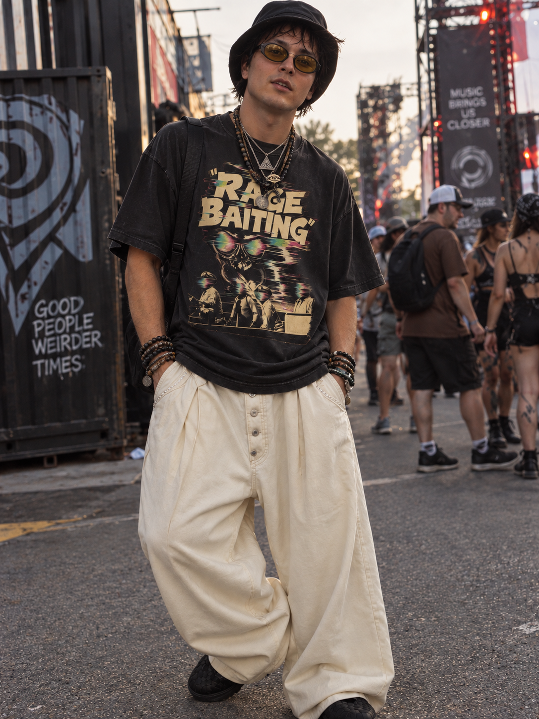 Male model wearing the Rage Baiting hand-frayed luxury tee in washed black