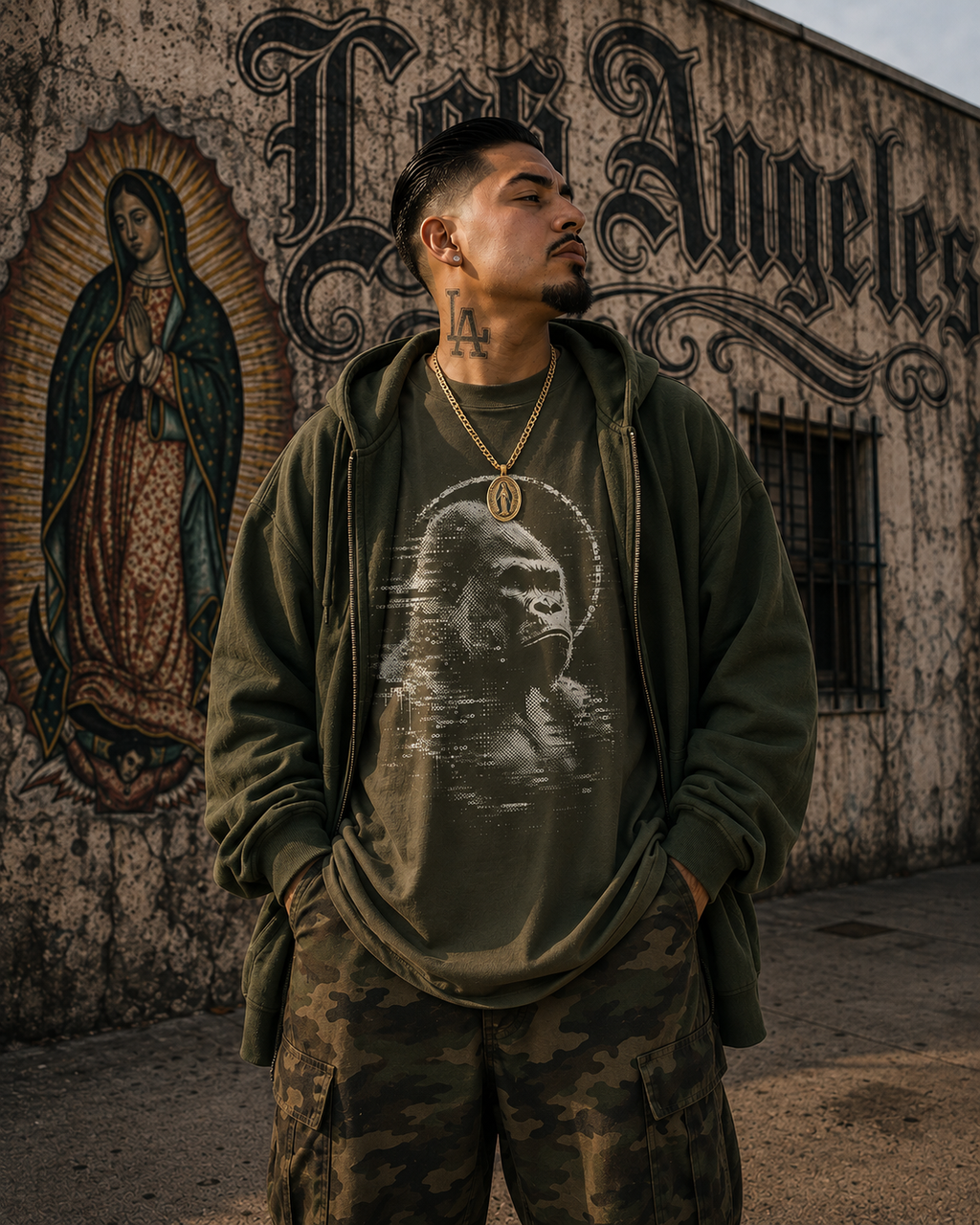 Model wearing a Hunter Green RipGorilla luxury graphic tee with a distressed gorilla glitch design