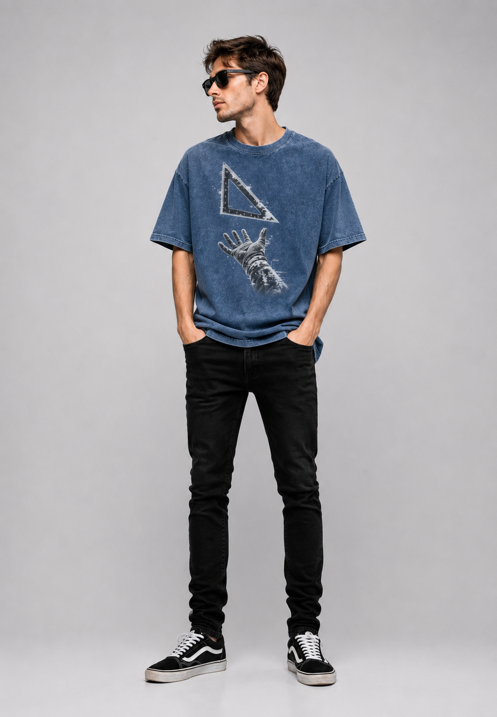 Model wearing the washed blue Speed Square King Luxury Tee with Cybertruck speed square artwork on the front