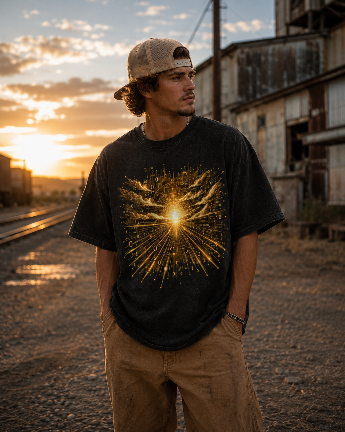 Time Is a Thread luxury black washed cotton streetwear tee modeled at sunset