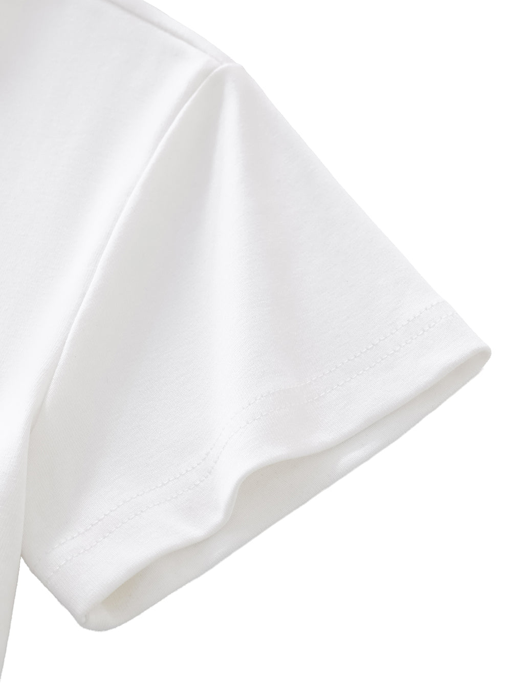 Women's fitted luxury meme tee sleeve detail with clean double-needle stitching and soft cotton-spandex fabric