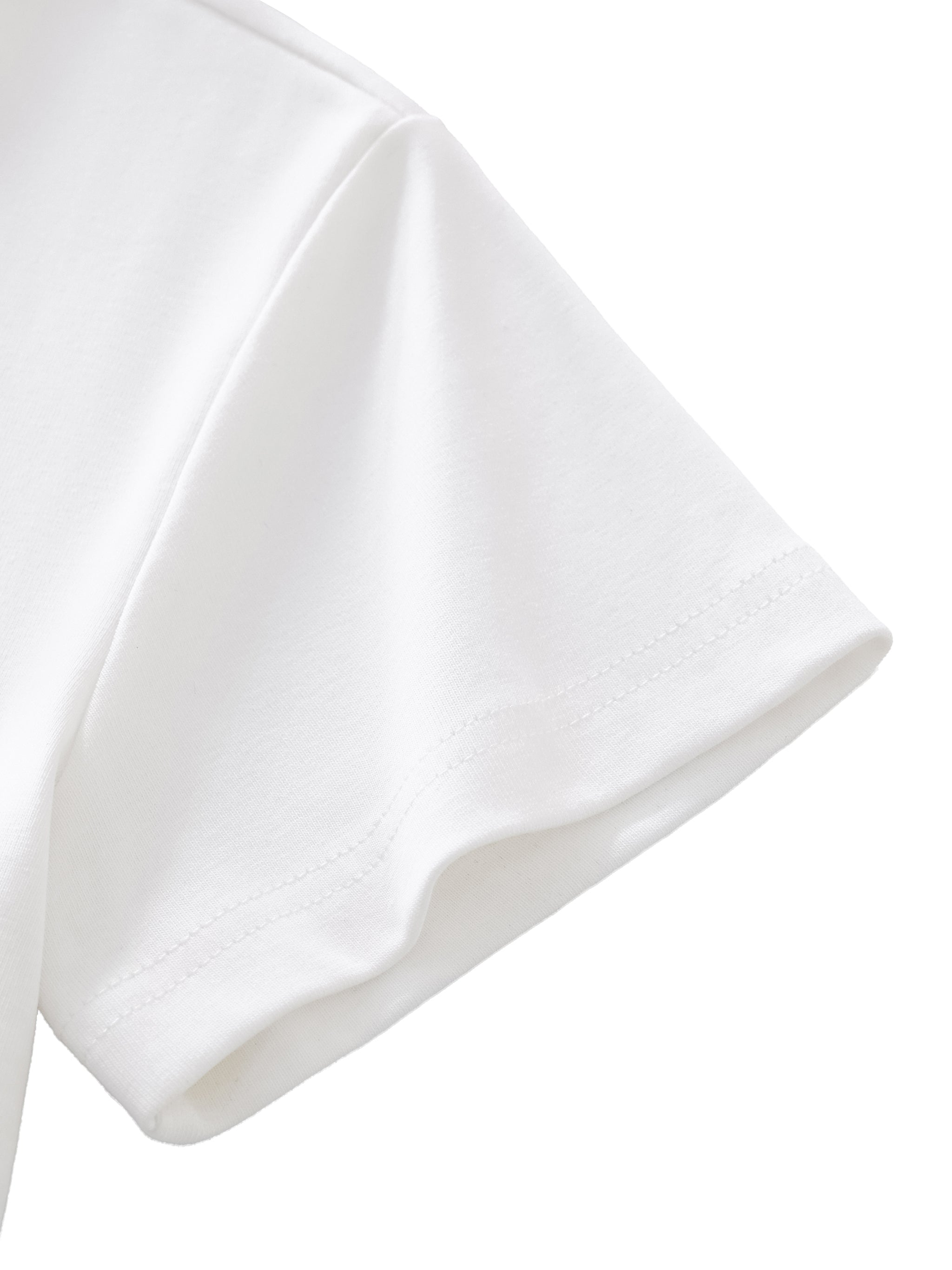 Women's fitted luxury meme tee sleeve detail with clean double-needle stitching and soft cotton-spandex fabric